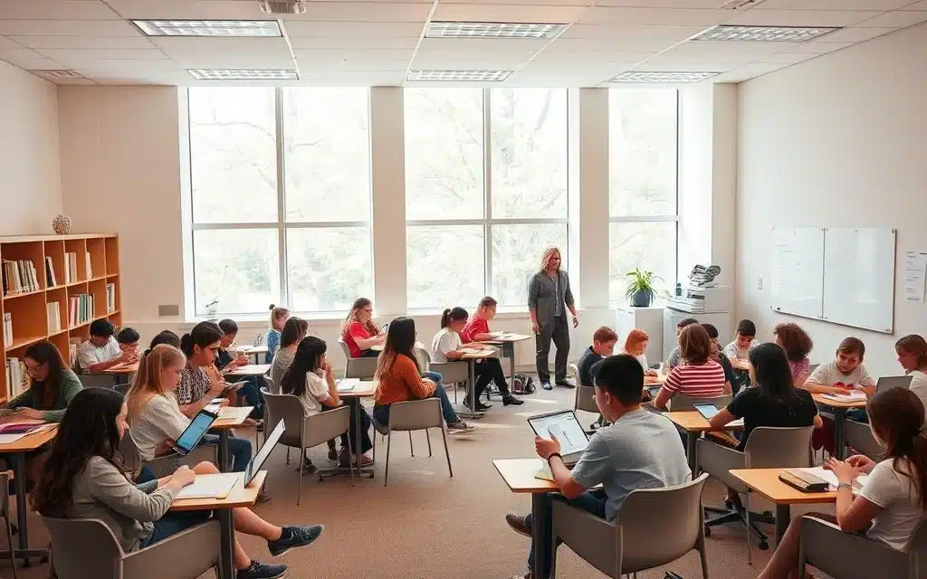 A bright, modern classroom filled with engaged students, each immersed in a blend of digital and physical learning materials. Soft, diffused natural light streams in through large windows, creating a warm, inviting atmosphere. Students sit in comfortable chairs, some using laptops, tablets, or interactive whiteboards, while others collaborate in small groups, sharing ideas and insights. The teacher moves through the space, offering guidance and encouragement, fostering a sense of exploration and discovery. The room is abuzz with the hum of focused activity, reflecting the dynamic and interactive nature of this hybrid learning environment. A bright, modern classroom filled with engaged students, each immersed in a blend of digital and physical learning materials. Soft, diffused natural light streams in through large windows, creating a warm, inviting atmosphere. Students sit in comfortable chairs, some using laptops, tablets, or interactive whiteboards, while others collaborate in small groups, sharing ideas and insights. The teacher moves through the space, offering guidance and encouragement, fostering a sense of exploration and discovery. The room is abuzz with the hum of focused activity, reflecting the dynamic and interactive nature of this hybrid learning environment.