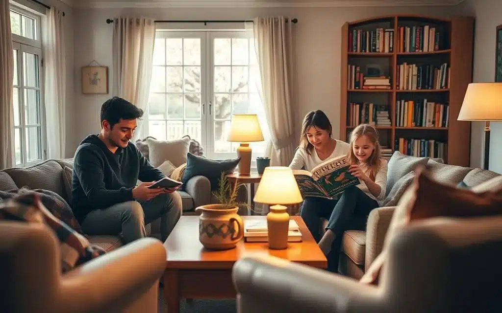 A cozy, sun-lit living room with a family gathered around a wooden coffee table, engrossed in their books. The soft glow of a table lamp illuminates their faces, creating a warm, intimate atmosphere. Plush armchairs and a plaid throw blanket add to the inviting, homely feel. Bookshelves line the walls, their spines hinting at the literary adventures waiting to be discovered. The scene conveys a sense of peaceful tranquility, encouraging readers to immerse themselves in the joys of reading in the comfort of their own home. A cozy, sun-lit living room with a family gathered around a wooden coffee table, engrossed in their books. The soft glow of a table lamp illuminates their faces, creating a warm, intimate atmosphere. Plush armchairs and a plaid throw blanket add to the inviting, homely feel. Bookshelves line the walls, their spines hinting at the literary adventures waiting to be discovered. The scene conveys a sense of peaceful tranquility, encouraging readers to immerse themselves in the joys of reading in the comfort of their own home.