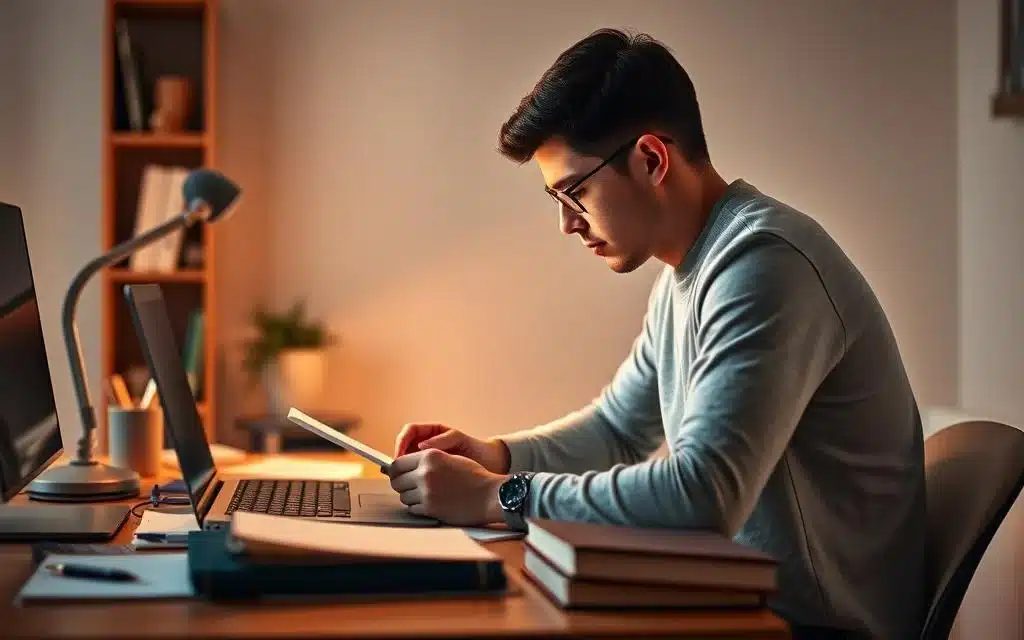 A focused individual engrossed in their studies, surrounded by the cozy atmosphere of a home workspace. Warm lighting illuminates the desk, adorned with notes, books, and a laptop, symbolizing the dedication required for successful self-directed learning in an online environment. The figure's posture conveys a sense of determination, highlighting the importance of self-discipline in thriving within the flexibility of distance education. The background offers a subtle, uncluttered setting, allowing the viewer to fully immerse themselves in the scene and appreciate the mindset essential for academic achievement in the ead context. A focused individual engrossed in their studies, surrounded by the cozy atmosphere of a home workspace. Warm lighting illuminates the desk, adorned with notes, books, and a laptop, symbolizing the dedication required for successful self-directed learning in an online environment. The figure's posture conveys a sense of determination, highlighting the importance of self-discipline in thriving within the flexibility of distance education. The background offers a subtle, uncluttered setting, allowing the viewer to fully immerse themselves in the scene and appreciate the mindset essential for academic achievement in the ead context.