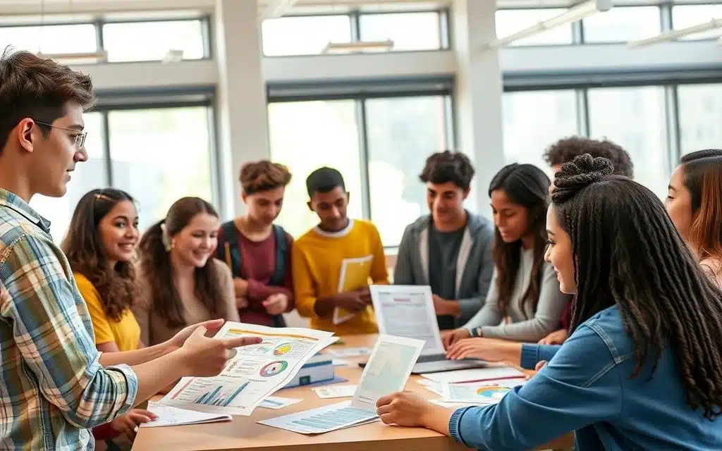 A group of diverse young people engaged in a hands-on financial education workshop. The foreground features a youthful facilitator guiding the participants through interactive activities, with colorful infographics and charts visible. The middle ground showcases the students collaborating in small teams, discussing budgeting, saving, and investment strategies. The background depicts a modern, well-lit classroom setting, with large windows allowing natural light to stream in, creating an atmosphere of openness and learning. The overall mood is one of energetic engagement, as the young people gain valuable financial knowledge and skills for their futures. A group of diverse young people engaged in a hands-on financial education workshop. The foreground features a youthful facilitator guiding the participants through interactive activities, with colorful infographics and charts visible. The middle ground showcases the students collaborating in small teams, discussing budgeting, saving, and investment strategies. The background depicts a modern, well-lit classroom setting, with large windows allowing natural light to stream in, creating an atmosphere of openness and learning. The overall mood is one of energetic engagement, as the young people gain valuable financial knowledge and skills for their futures.