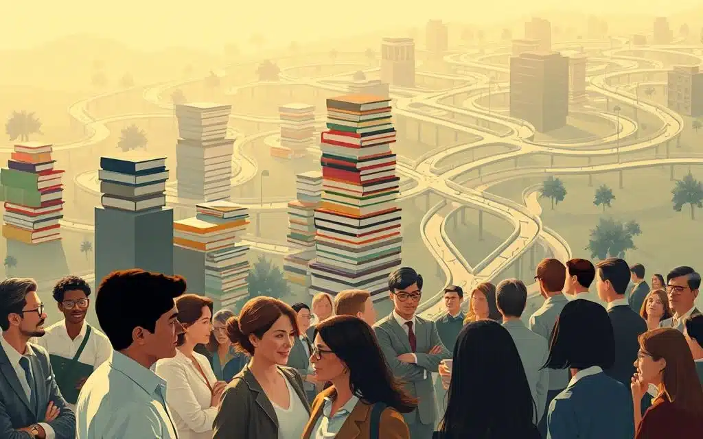 A modern, abstract academic landscape showcasing the challenges of lifelong learning. In the foreground, a diverse group of students and professionals engaged in lively discussion, their faces reflecting deep contemplation. The middle ground features towering stacks of books, symbolizing the vast wealth of knowledge to be explored. In the background, a maze of interconnected pathways and bridges, representing the complex, winding journey of continuous education. Warm, soft lighting illuminates the scene, creating an atmosphere of intellectual curiosity and personal growth. Subtle gradients and geometric shapes lend a sense of dynamism and progression, echoing the ever-evolving nature of continuing education. A modern, abstract academic landscape showcasing the challenges of lifelong learning. In the foreground, a diverse group of students and professionals engaged in lively discussion, their faces reflecting deep contemplation. The middle ground features towering stacks of books, symbolizing the vast wealth of knowledge to be explored. In the background, a maze of interconnected pathways and bridges, representing the complex, winding journey of continuous education. Warm, soft lighting illuminates the scene, creating an atmosphere of intellectual curiosity and personal growth. Subtle gradients and geometric shapes lend a sense of dynamism and progression, echoing the ever-evolving nature of continuing education.
