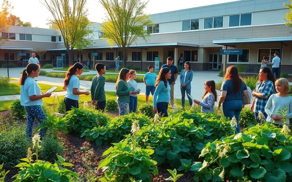 A peaceful school campus with a vibrant community garden in the foreground, surrounded by lush greenery and a warm, golden afternoon light. In the middle ground, a group of students and parents engaged in a lively discussion, gesturing towards informative brochures and pamphlets. The background features a series of modern, welcoming school buildings with clear signage directing visitors to various academic support programs. The overall atmosphere conveys a sense of collaborative learning, community, and accessible educational resources. A peaceful school campus with a vibrant community garden in the foreground, surrounded by lush greenery and a warm, golden afternoon light. In the middle ground, a group of students and parents engaged in a lively discussion, gesturing towards informative brochures and pamphlets. The background features a series of modern, welcoming school buildings with clear signage directing visitors to various academic support programs. The overall atmosphere conveys a sense of collaborative learning, community, and accessible educational resources.