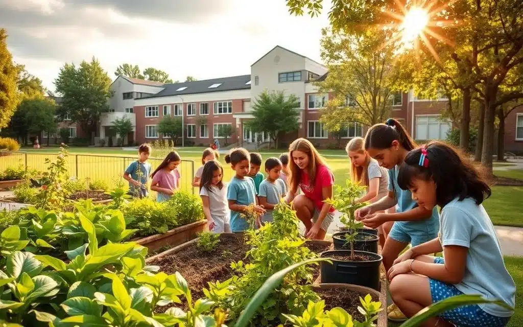 A serene, idyllic schoolyard scene, with lush greenery and a vibrant garden in the foreground. In the middle ground, a group of diverse students engaged in hands-on environmental activities, such as planting trees, composting, or monitoring a local ecosystem. In the background, the school building stands as a beacon of education, its architecture reflecting a sustainable, eco-friendly design. Warm, natural lighting illuminates the scene, creating a sense of harmony and connection between the students, the environment, and the educational institution. The overall atmosphere conveys the vital role of schools in nurturing environmental stewardship and sustainable practices among the next generation. A serene, idyllic schoolyard scene, with lush greenery and a vibrant garden in the foreground. In the middle ground, a group of diverse students engaged in hands-on environmental activities, such as planting trees, composting, or monitoring a local ecosystem. In the background, the school building stands as a beacon of education, its architecture reflecting a sustainable, eco-friendly design. Warm, natural lighting illuminates the scene, creating a sense of harmony and connection between the students, the environment, and the educational institution. The overall atmosphere conveys the vital role of schools in nurturing environmental stewardship and sustainable practices among the next generation.