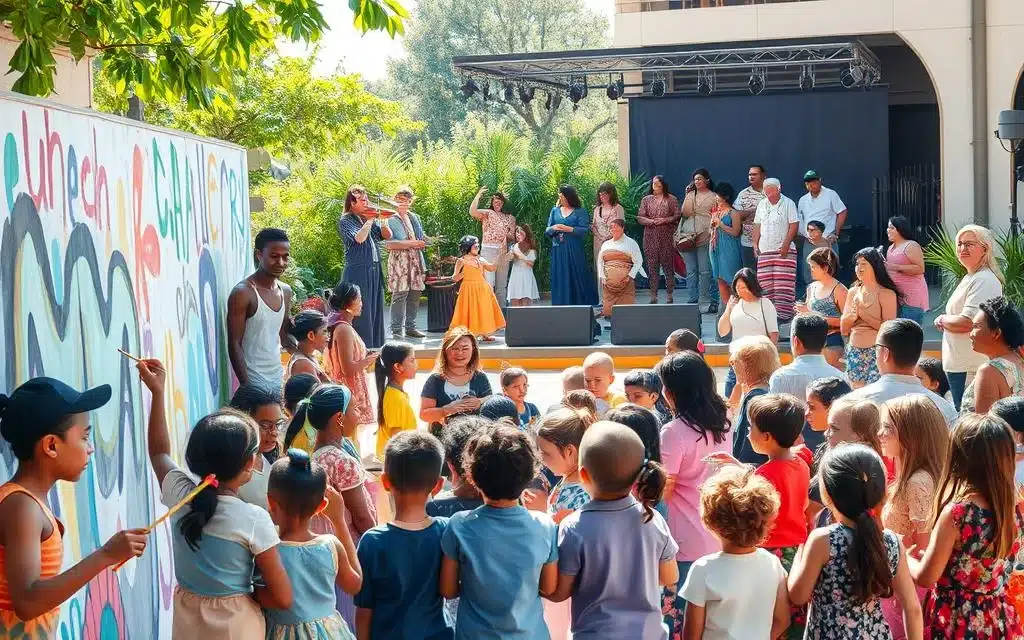 A vibrant and inclusive scene showcasing diverse people of all ages, ethnicities, and abilities engaged in various forms of artistic expression. In the foreground, a group of children and adults collaborate on a large mural, their brushstrokes blending harmoniously. In the middle ground, a lively performance features musicians, dancers, and actors from various cultural backgrounds, their movements and music creating a tapestry of shared humanity. The background depicts a warm, sun-dappled outdoor setting with lush greenery, suggesting a welcoming and nurturing environment that fosters creativity and connection. The overall atmosphere conveys a sense of joy, unity, and the transformative power of the arts to transcend barriers and promote cultural inclusion. A vibrant and inclusive scene showcasing diverse people of all ages, ethnicities, and abilities engaged in various forms of artistic expression. In the foreground, a group of children and adults collaborate on a large mural, their brushstrokes blending harmoniously. In the middle ground, a lively performance features musicians, dancers, and actors from various cultural backgrounds, their movements and music creating a tapestry of shared humanity. The background depicts a warm, sun-dappled outdoor setting with lush greenery, suggesting a welcoming and nurturing environment that fosters creativity and connection. The overall atmosphere conveys a sense of joy, unity, and the transformative power of the arts to transcend barriers and promote cultural inclusion.