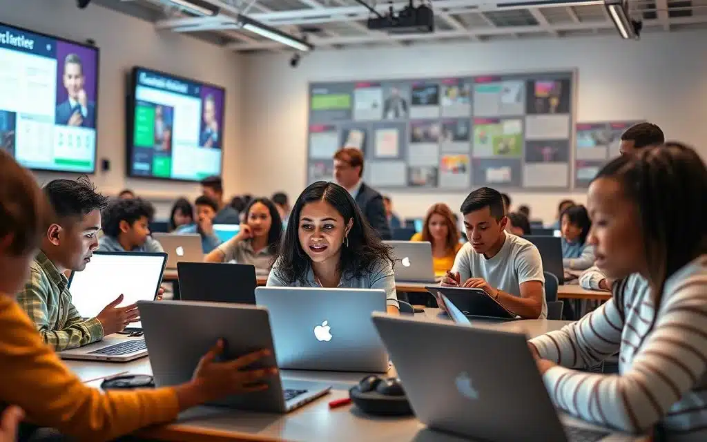 A vibrant, dynamic scene showcasing successful digital education programs. In the foreground, a group of diverse students deeply engaged with their laptops and tablets, their faces aglow with the light of their screens. In the middle ground, a teacher gesturing animatedly, guiding them through an interactive lesson. The background depicts a modern, tech-forward classroom, filled with sleek desks, cutting-edge tech, and large, informative displays. The overall atmosphere is one of energy, collaboration, and a palpable sense of learning and progress. Soft, warm lighting illuminates the scene, creating a welcoming and inspiring mood. Captured with a wide-angle lens to convey the scope and scale of this successful digital education program. A vibrant, dynamic scene showcasing successful digital education programs. In the foreground, a group of diverse students deeply engaged with their laptops and tablets, their faces aglow with the light of their screens. In the middle ground, a teacher gesturing animatedly, guiding them through an interactive lesson. The background depicts a modern, tech-forward classroom, filled with sleek desks, cutting-edge tech, and large, informative displays. The overall atmosphere is one of energy, collaboration, and a palpable sense of learning and progress. Soft, warm lighting illuminates the scene, creating a welcoming and inspiring mood. Captured with a wide-angle lens to convey the scope and scale of this successful digital education program.