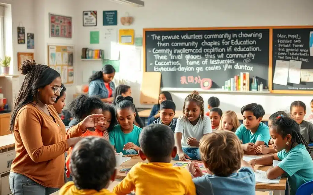 A warm, inviting classroom setting with a diverse group of volunteers engaged in interactive educational activities. The foreground features a teacher guiding students through a hands-on project, their faces beaming with enthusiasm. In the middle ground, a mix of children and adults work collaboratively, sharing ideas and resources. The background showcases vibrant educational materials, posters, and a chalkboard filled with inspirational messages about the power of community involvement in education. The scene is bathed in soft, natural lighting that enhances the sense of warmth and learning. A strong sense of purpose and positive impact permeates the entire composition. A warm, inviting classroom setting with a diverse group of volunteers engaged in interactive educational activities. The foreground features a teacher guiding students through a hands-on project, their faces beaming with enthusiasm. In the middle ground, a mix of children and adults work collaboratively, sharing ideas and resources. The background showcases vibrant educational materials, posters, and a chalkboard filled with inspirational messages about the power of community involvement in education. The scene is bathed in soft, natural lighting that enhances the sense of warmth and learning. A strong sense of purpose and positive impact permeates the entire composition.