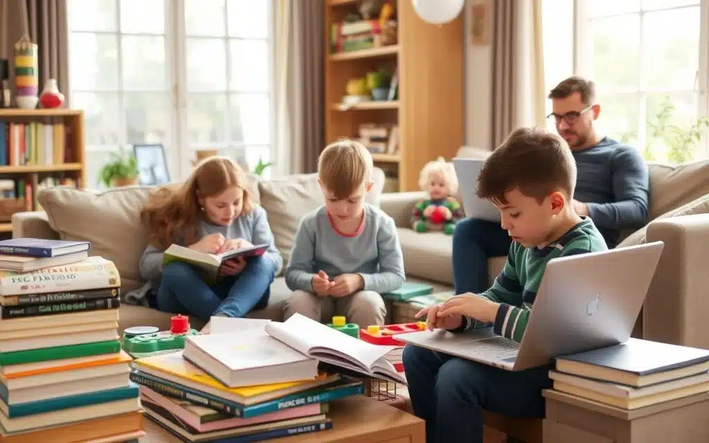 A warm, inviting living room scene with a family engaged in educational activities. In the foreground, a mother and child sit together on a couch, surrounded by stacks of books and educational toys. The middle ground features an older sibling assisting a younger sibling with a hands-on learning project. In the background, the father works on a laptop, likely coordinating with the school or researching educational resources. Natural light filters in through large windows, creating a cozy, nurturing atmosphere. The overall tone is one of collaboration, engagement, and a shared commitment to inclusive education. A warm, inviting living room scene with a family engaged in educational activities. In the foreground, a mother and child sit together on a couch, surrounded by stacks of books and educational toys. The middle ground features an older sibling assisting a younger sibling with a hands-on learning project. In the background, the father works on a laptop, likely coordinating with the school or researching educational resources. Natural light filters in through large windows, creating a cozy, nurturing atmosphere. The overall tone is one of collaboration, engagement, and a shared commitment to inclusive education.
