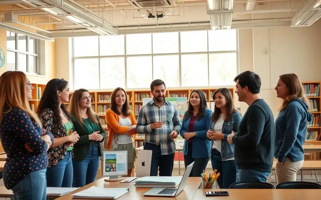 An expansive and vibrant classroom setting, illuminated by natural light streaming through large windows. In the foreground, a group of enthusiastic teachers engaged in animated discussions, their faces alight with a sense of camaraderie and professional fulfillment. The middle ground showcases a display of student projects and exemplary work, showcasing the fruits of the teachers' dedicated efforts. In the background, a bookshelf-lined wall serves as a backdrop, hinting at the wealth of educational resources available. The overall scene conveys a spirit of collaboration, creativity, and a shared commitment to professional growth and student success. An expansive and vibrant classroom setting, illuminated by natural light streaming through large windows. In the foreground, a group of enthusiastic teachers engaged in animated discussions, their faces alight with a sense of camaraderie and professional fulfillment. The middle ground showcases a display of student projects and exemplary work, showcasing the fruits of the teachers' dedicated efforts. In the background, a bookshelf-lined wall serves as a backdrop, hinting at the wealth of educational resources available. The overall scene conveys a spirit of collaboration, creativity, and a shared commitment to professional growth and student success.