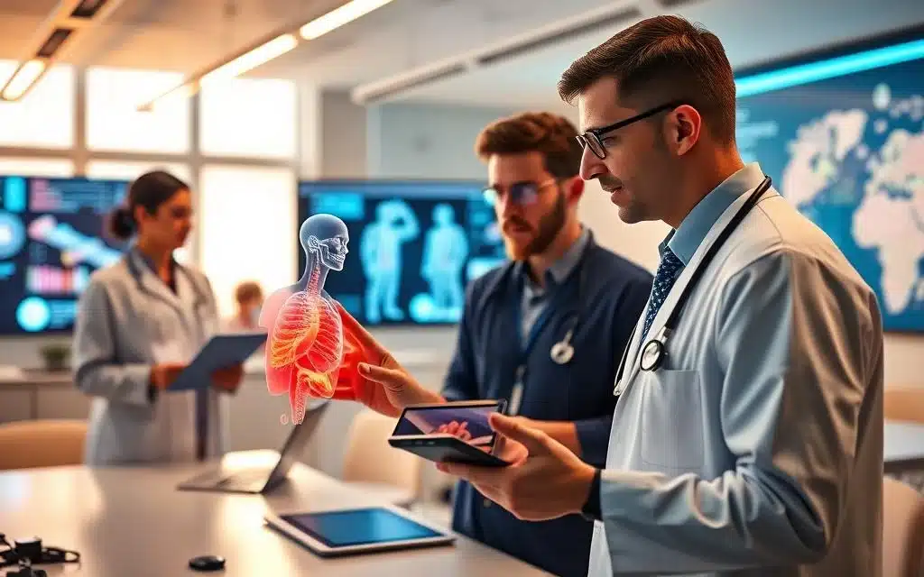 Vibrant digital classroom, medical professionals utilizing cutting-edge technology to educate patients. Sleek tablets, interactive displays, and immersive virtual environments create an engaging, informative healthcare learning experience. Warm lighting casts a soft glow, highlighting the collaboration between technology and healthcare education. In the foreground, a doctor demonstrates the use of a 3D anatomical model, captured by a high-resolution camera. The background features a modern, airy space filled with natural light, signifying the transformative power of technology in advancing health literacy. An atmosphere of innovation and empowerment permeates the scene, inspiring better health outcomes through technology-driven education. Vibrant digital classroom, medical professionals utilizing cutting-edge technology to educate patients. Sleek tablets, interactive displays, and immersive virtual environments create an engaging, informative healthcare learning experience. Warm lighting casts a soft glow, highlighting the collaboration between technology and healthcare education. In the foreground, a doctor demonstrates the use of a 3D anatomical model, captured by a high-resolution camera. The background features a modern, airy space filled with natural light, signifying the transformative power of technology in advancing health literacy. An atmosphere of innovation and empowerment permeates the scene, inspiring better health outcomes through technology-driven education.